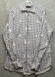 ETRO Milano Men's Shirt Made In Italy Size 44 White Blue Plaid Warped Circles - Picture 1 of 9