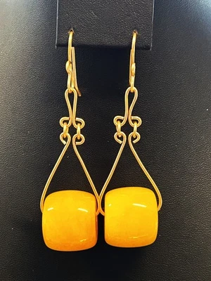 Artisan Chunky Egg Yolk Amber Drop Earring Long 3.25" Hinged 18K Gold over Brass - Image 1 of 4