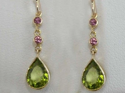 Genuine Solid 9ct Yellow Gold NATURAL Peridot & Pink Tourmaline Drop Earrings - Image 1 of 3