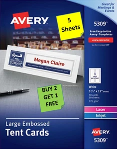 [5 hojas] Tarjetas de tienda grandes en relieve Avery 5309 LÁSER/INYECCIÓN DE TINTA B2G1 - Imagen 1 de 1
