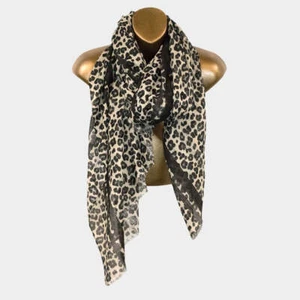 Bufanda negra, azul, rosa, gris patrón leopardo con tira y bordes deshilachados - Imagen 1 de 4