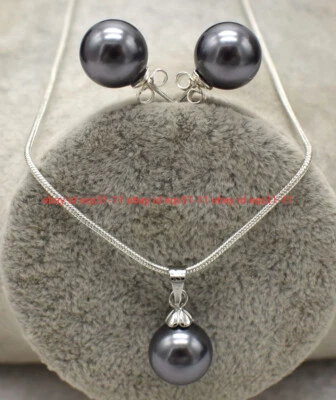 Natural 8/10/12/14mm Multicolor Shell Pearl Pendant Necklace Earrings Set 18'' - Image 1 of 4