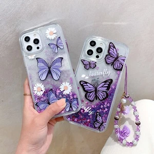 Hülle für iPhone Samsung Treibsand Schmetterling Flüssig Glitzer Soft Cover + Armband - Bild 1 von 22