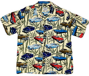 David Carey Originals Men's Hot Rod Classic Cars Beige Hawaiian Shirt; Size L