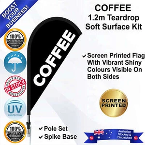 COFFEE Black 1.2m Teardrop Flag/Banner Kit with Spike *Waterproof *UV Protected - Picture 1 of 9