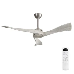 52in Nickel & 3 Solid Wood Gray Blades No Light Ceiling Fan with Remote 6 Speeds - Picture 1 of 13