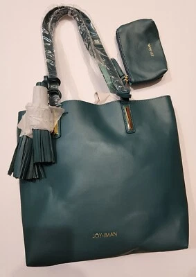 NEW Joy & Iman Teal Green Leather Tote Purse w Tassels, Popout Insert & Wristlet - Image 1 of 4