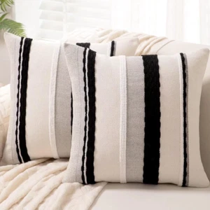 Boho Throw Pillow Covers18X18 Set of 2 Farmhouse Decorative Cushion Case Striped - Picture 1 of 12