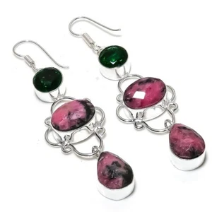 Rhodonite Gemstone Handmade 925 Sterling Silver Jewelry Earring Sz 2.4'' - Picture 1 of 1