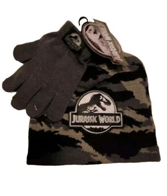 Jurassic World Camoflauge Joven Gorro Tobaggón Sombrero y Guantes Conjunto NUEVO Negro/Gris Foto 1 de 4