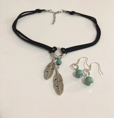 Feather Choker 14”-16” Short Necklace Turquoise Bead Earrings Set Silver Black - Image 1 of 4