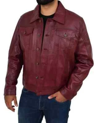 Chaqueta de Camionero Para Hombre Cuero Suave Borgoña Estilo Denim Occidental Abrigo Camisa con Botones Foto 1 de 4