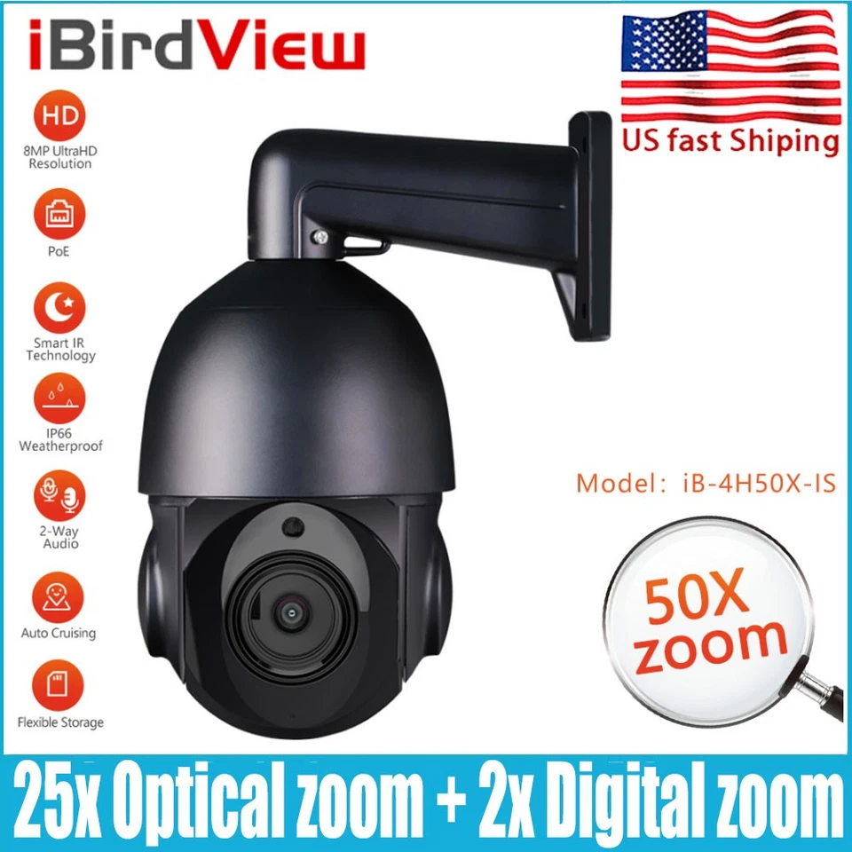 iBirdView 8MP 50x Zoom 25x Optical+ 2x Digital Zoom Auto Tracking POE PTZ Camera