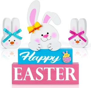 5 Pcs Easter Decorations for the Home Happy Bunny Wooden Blue, Pink - Picture 1 of 6