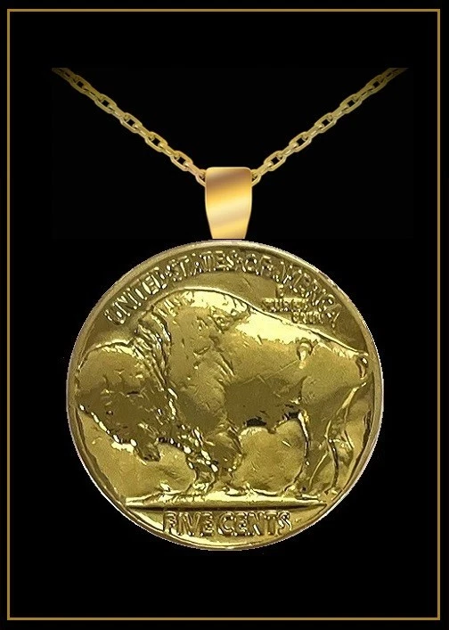 Collar BUFFALO NICKEL - Moneda de 5 centavos vintage chapada en oro de 24k de Estados Unidos Foto 1 de 4