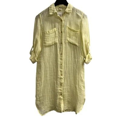 Vestido Camisa Magaschoni Para Mujer XS Amarillo Lino Tejido Abierto Botones Cubrir Foto 1 de 4
