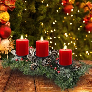 Christmas Decoration Candle Holder with 3 Candles Holder, Pine Cones, Red Berry, - Picture 1 of 7