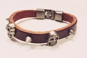 FASHION ACCESSORY - Brown Leather Distressed Steel Skull & Studs Bracelet - Picture 1 of 3