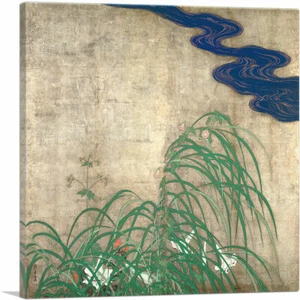 ARTCANVAS Summer Flower Plants with Blue Water Canvas Art Print by Sakai Hoitsu - Picture 1 of 11