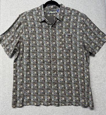 Campia Men's XXL Tropical Print Button Up Short Sleeve Shirt Tan Blue 100% Rayon - Image 1 of 4