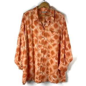 Joan Rivers Womens Button Up Tunic Top Size 1X Orange Tie Dye 3/4 Sleeve Linen - Picture 1 of 10