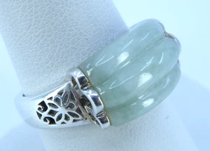 ANILLO de plata de ley tallado a mano acanalado banda de jade verde tallado 7 flores de filigrana - Imagen 1 de 11