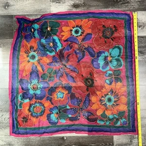 Vintage Scarf Red Blue Floral Square Made  32” X 32” Square - Picture 1 of 8