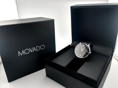Movado 男式“绅士”经典博物馆黑色皮革;型号 #80.1.14.1830;全新 ~ 盒装 — 第 1/4 张图片