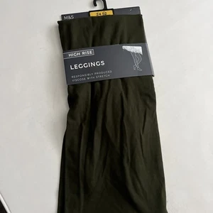 M&S Ladies High rise Viscose Stretch Khaki Green Leggings UK24 Short New - Picture 1 of 7