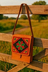 VTG 70s Handcrafted Woven Leather Shoulder Bag Geometric Embroidered Boho - Picture 1 of 15