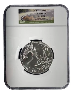 2015 Blue Ridge MS69PL 5oz Silver 25C Coin NGC 4308050-097 - Image 1 of 2