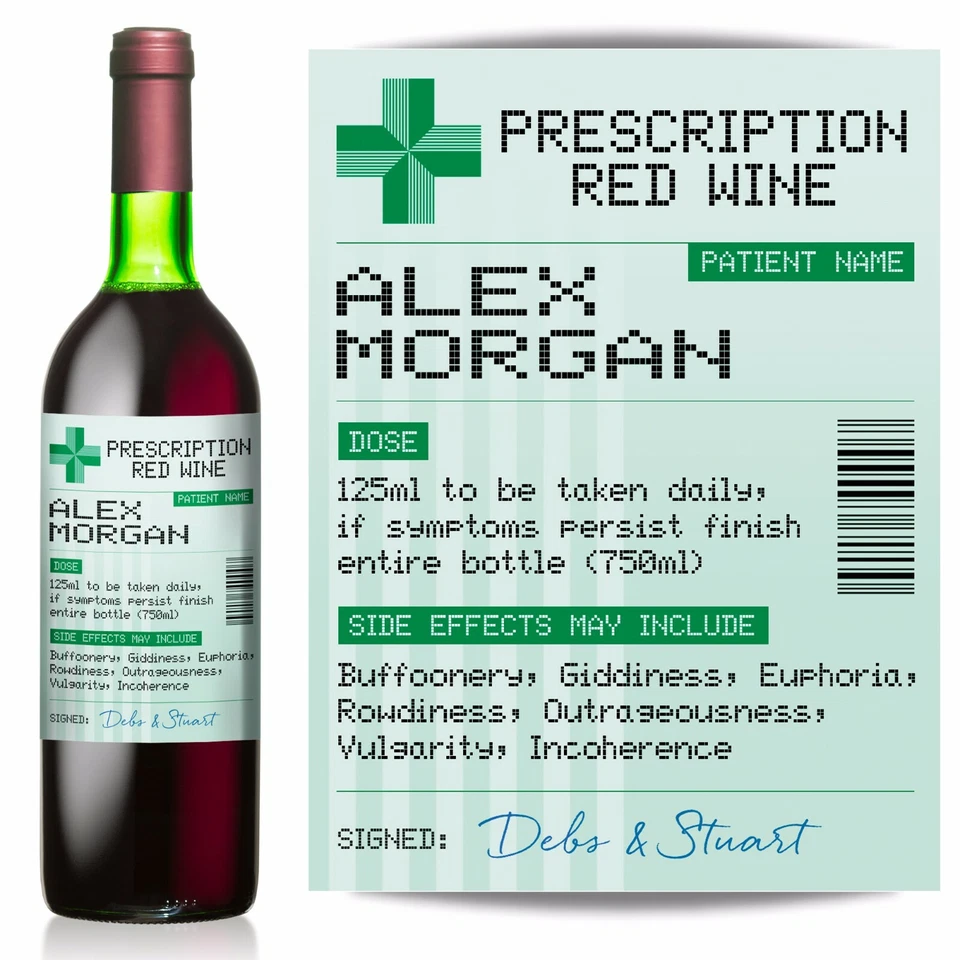 PERSONALISED Prescription Red Wine, Vodka, Gin, Whisky label, fun Birthday idea - Image 1 of 1
