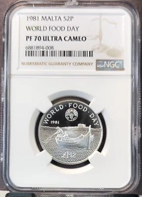 1981 MALTA SILVER 2 POUNDS WORLD FOOD DAY NGC PF 70 ULTRA CAMEO RARE POP 1 - Image 1 of 3