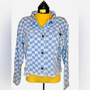 Pink Lily Denim Checkered Raw Hem Jacket Button Up Medium - Picture 1 of 9