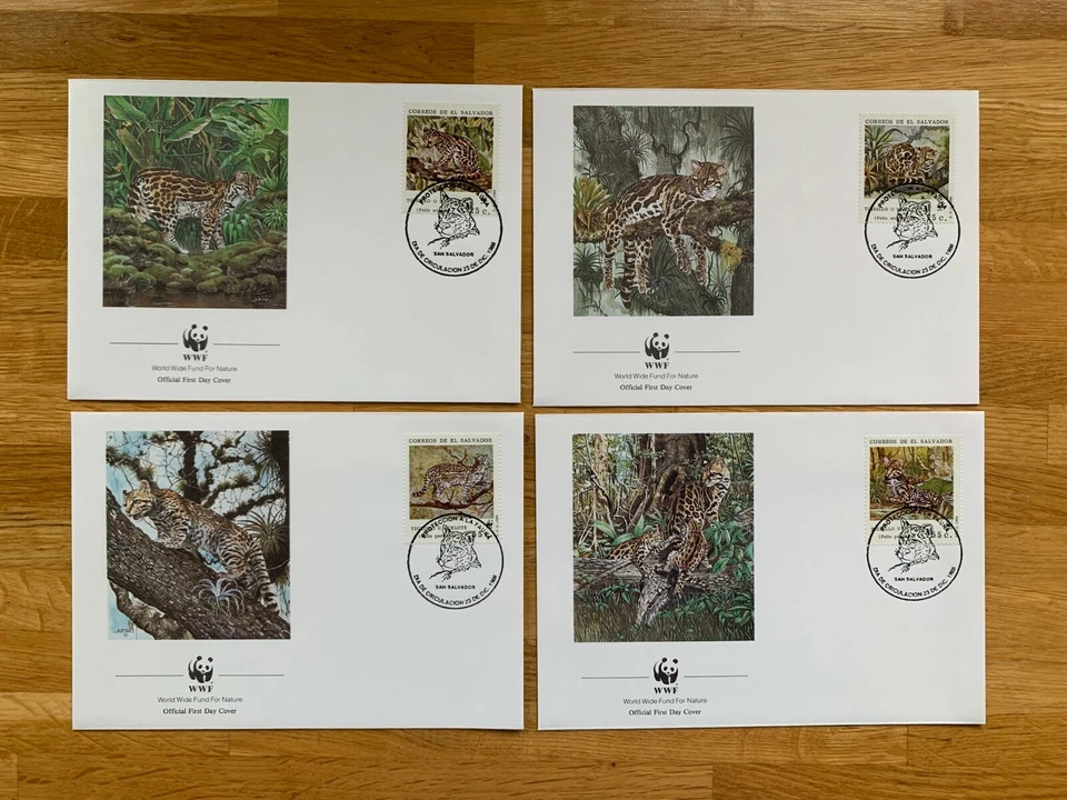 EL SALVADOR 1988 FDCs x 4 WWF BIG CATS OCELOT & MARGAY - Image 1 of 1