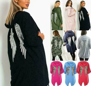 Women's Ladies Free Soul Sequin Angel Wings Longline Hooded Cardigan Jacket - Picture 1 of 17