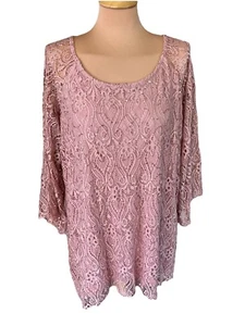 Brittany Black Women’s Mauve Pink Lace Sequined Tunic Size 1X Top 3/4 Sleeve - Picture 1 of 7