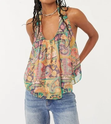 FREE PEOPLE Strawberry Tank Top Sz S Multicolor Paisley Halter Collar Scoop Neck - Imagem 1 de 4