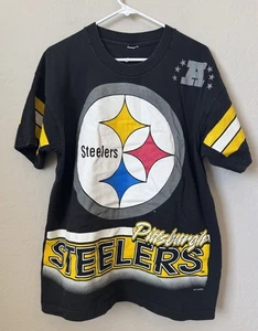 Vtg Pittsburgh Steelers Shirt T Shirt  XL  Black 90s NFL Football All Over Print - Picture 1 of 9