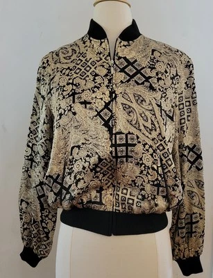 S.L.B 100% шелк Bomber куртка размер M полный молнии карманы черный/кремовый с подкладкой ретро - Изображение 1 из 4
