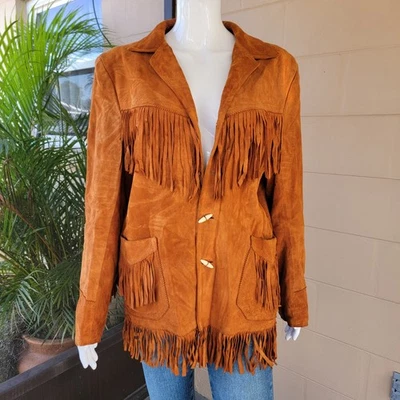 Chaqueta de Colección Marrón Tostado Gamuza Flecos Western Cuero Genuino Sylvia Mujer Talla L Foto 1 de 4