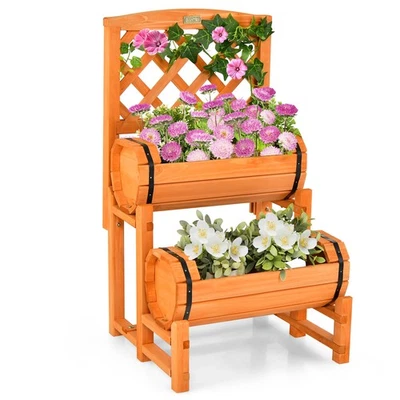 2-Tier Wooden Raised Garden Bed Container w/2 Cylindrical Planter Boxes& Trellis - Image 1 of 4