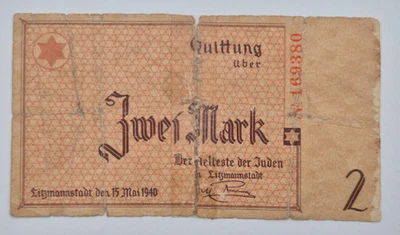 Polonia Segunda Guerra Mundial Litzmannstadt Lodz Ghetto, 2 marcos, billete 1940 Foto 1 de 2