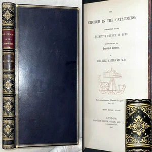1847 CHURCH IN CATACOMBS LEATHER ROME CEMETERY CHRISTIAN BIBLE ART JESUS GOD GRA - Picture 1 of 22