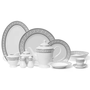 57 Piece Euro Porcelain Silver Greek Key Fine China Dinner Set for 8 Peron - Wht - Picture 1 of 5