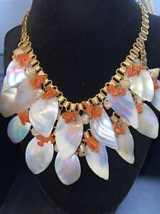 Gorgeous Early Miriam Haskell Coral & Pearls Russian Gold Plate Chain