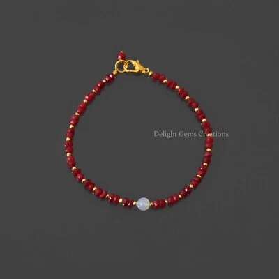 Ruby/Opal Beaded Bracelet- 4mm Faceted Ruby Rondelle Bead With Opal Center Piece - Image 1 of 4
