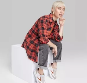 Wild Fable Oversized Flannel Button-Down Shirt Womens Small Long Sleeve Plaid - Picture 1 of 10