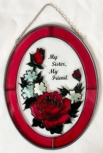 De Colección Vitral Colgante Ovalada Atrapasol Rosas Rojas Mi Hermana Mi Amigo 8" - Imagen 1 de 3
