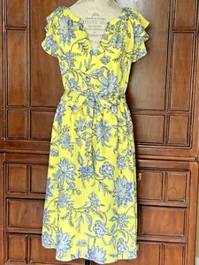 Loft Ann Taylor Trellis Garden Yellow Blue Floral Ruffle Sleeve Midi Dress NWT - Picture 1 of 12
